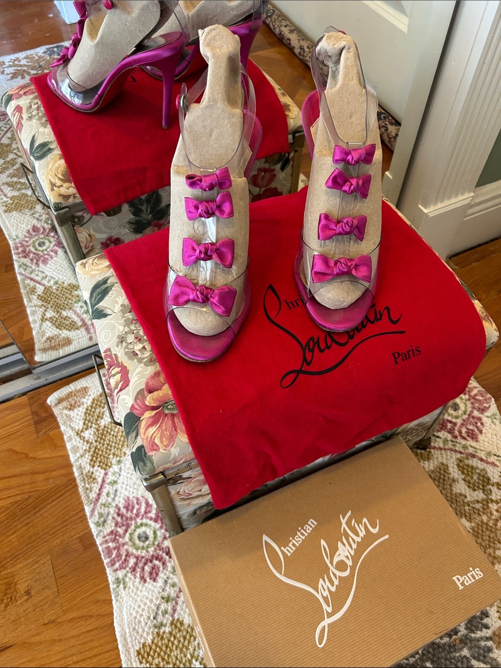 Christian Louboutin Beige Suede Heels with Fuchsia Bow Accents